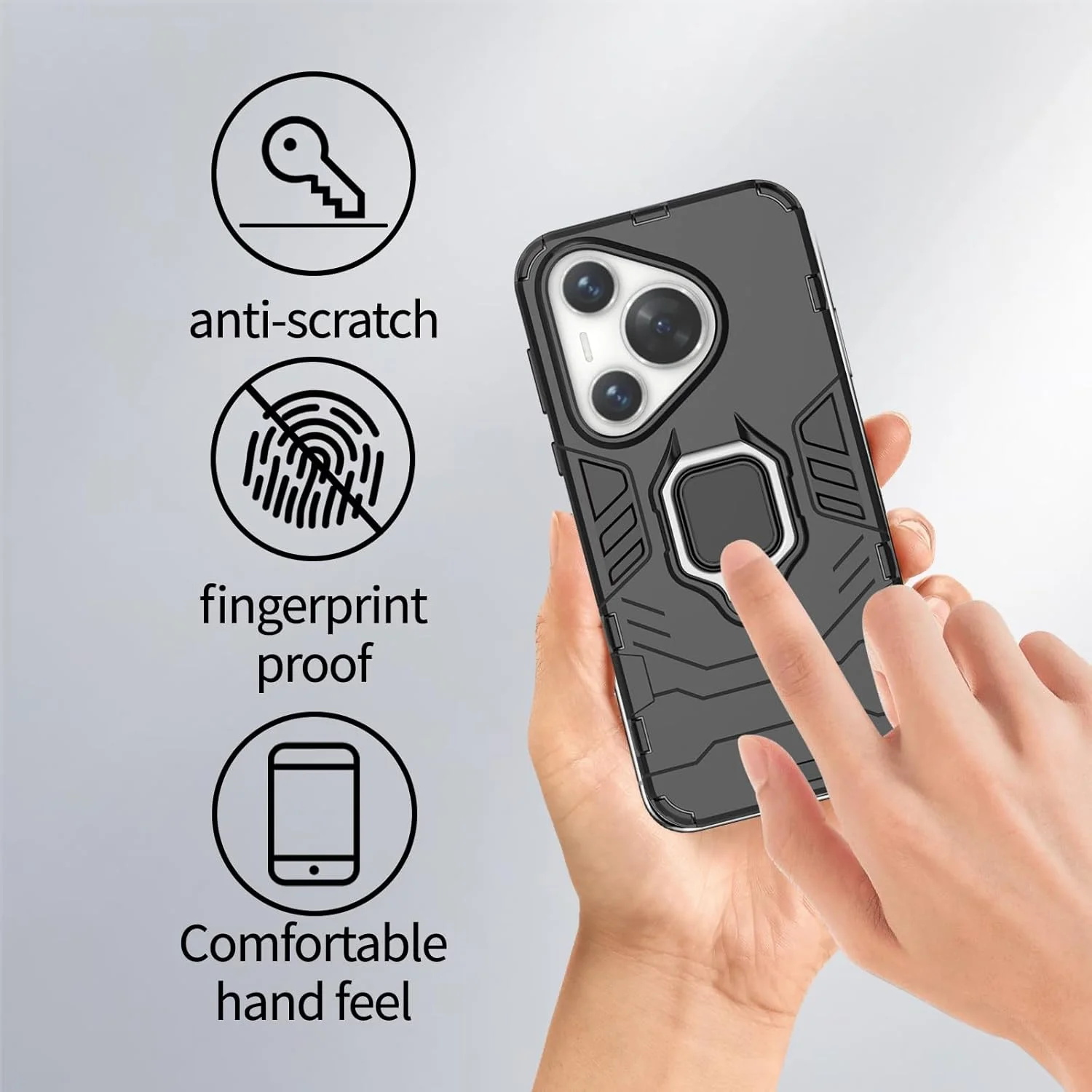 کاور گوشی لوکیون مدل [1+2pcs] سازگار با هوآوی Pura 70 Pro به همراه محافظ صفحه نمایش شیشه ای حرارت دیده، کاور محافظتی دو لایه مقاوم در برابر ضربه با پایه انگشتی مغناطیسی تاشو (مشکی)