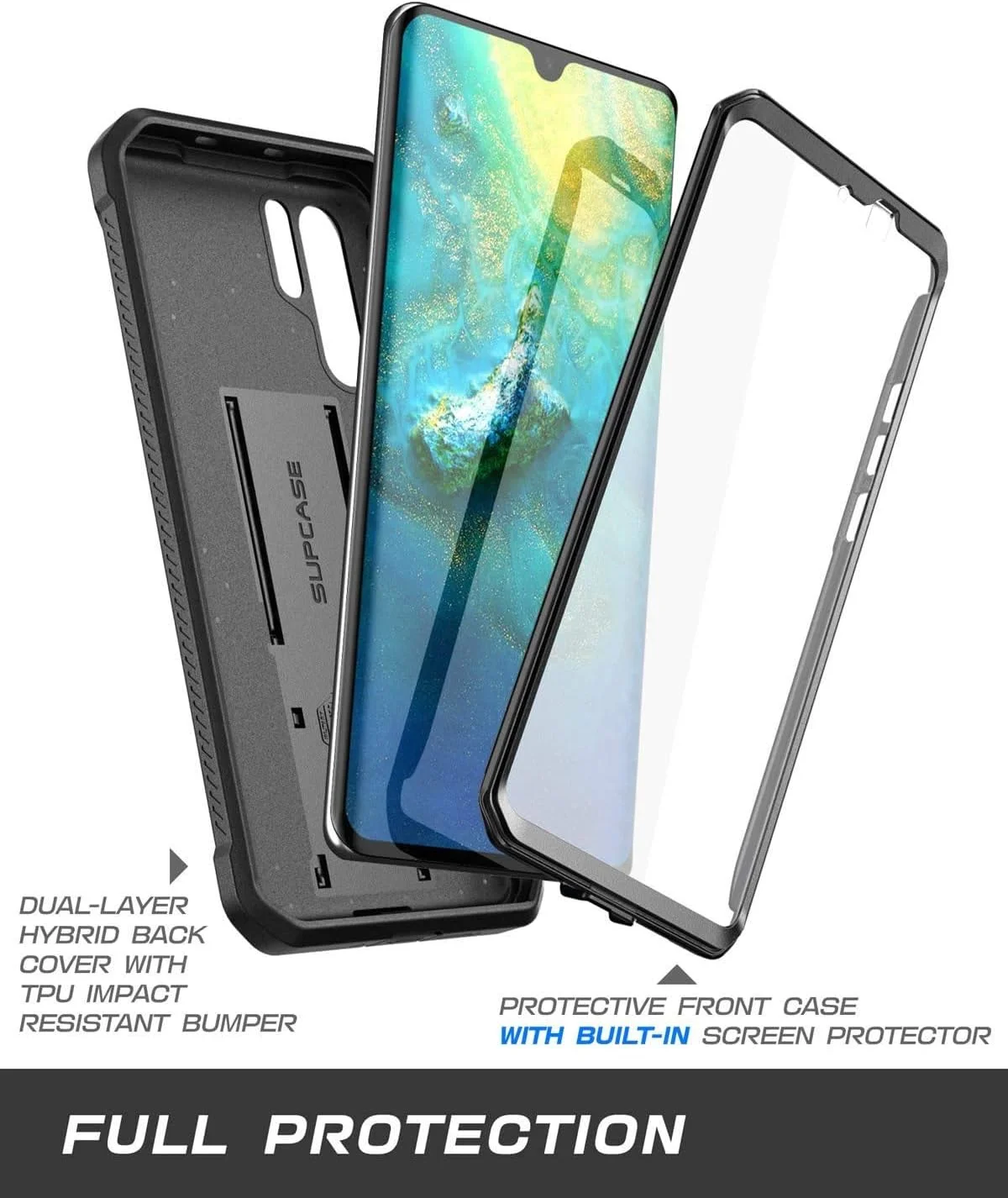 کاور محافظ SUPCASE سری Unicorn Beetle Pro مناسب برای گوشی Huawei P30، محافظت کامل دو لایه مقاوم با هولستر، پایه و محافظ صفحه نمایش داخلی - مشکی
