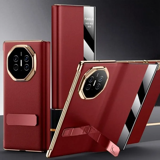 کاور چرمی Gruattreay سازگار با هوآوی Mate XT، [دارای براکت مخفی] [پنجره هوشمند] [بیدار شدن/خواب خودکار] پوشش ضد لرزش و ضد افتادن برای هوآوی Mate XT (قرمز)