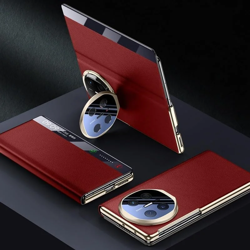 کاور چرمی هوشمند Gruattreay سازگار با هوآوی Mate X6، کاور چرمی دارای پنجره هوشمند با پاسخگویی بدون نیاز به باز کردن درب [روشن/خاموش شدن خودکار]، محافظت از لنز دوربین با پایه فلزی نگهدارنده دوربین (قرمز)