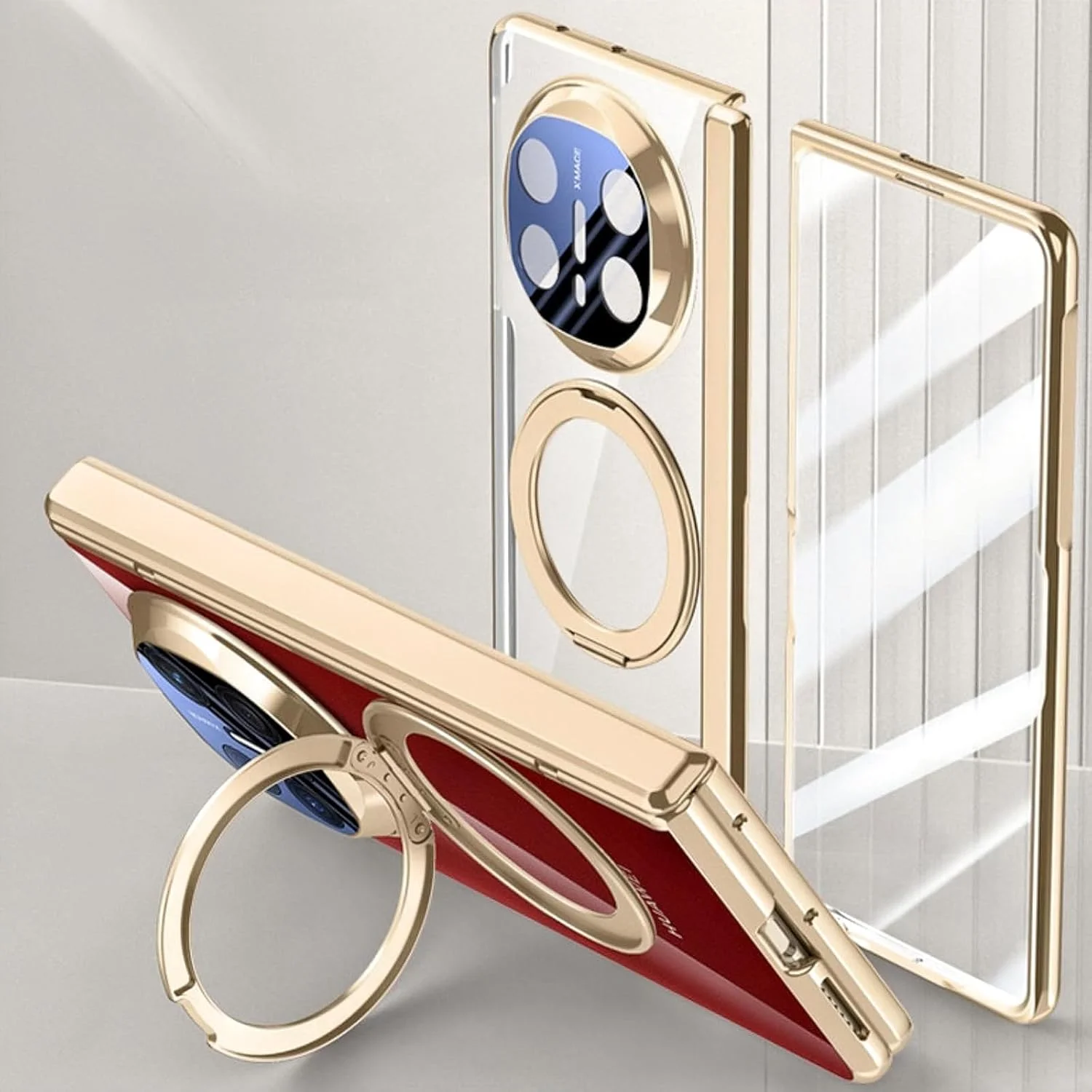 محافظ گوشی هواوی میت X6 با استند مغناطیسی چرخان 360 درجه، محافظ صفحه نمایش داخلی، روکش محافظ تمام بدنه شفاف با آبکاری لوکس برای میت X6، طلایی