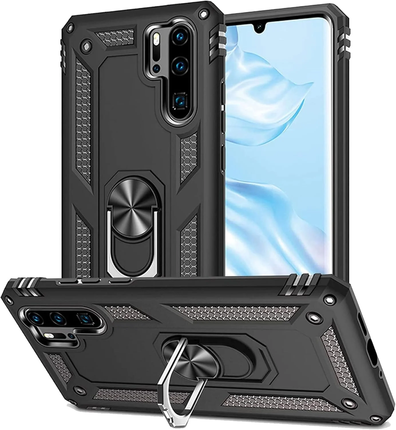 کاور محافظ هواوی P30 Pro مدل 2ndSpring، دارای حلقه نگهدارنده، سیلیکونی ضد ضربه، مقاوم و سخت، مشکی