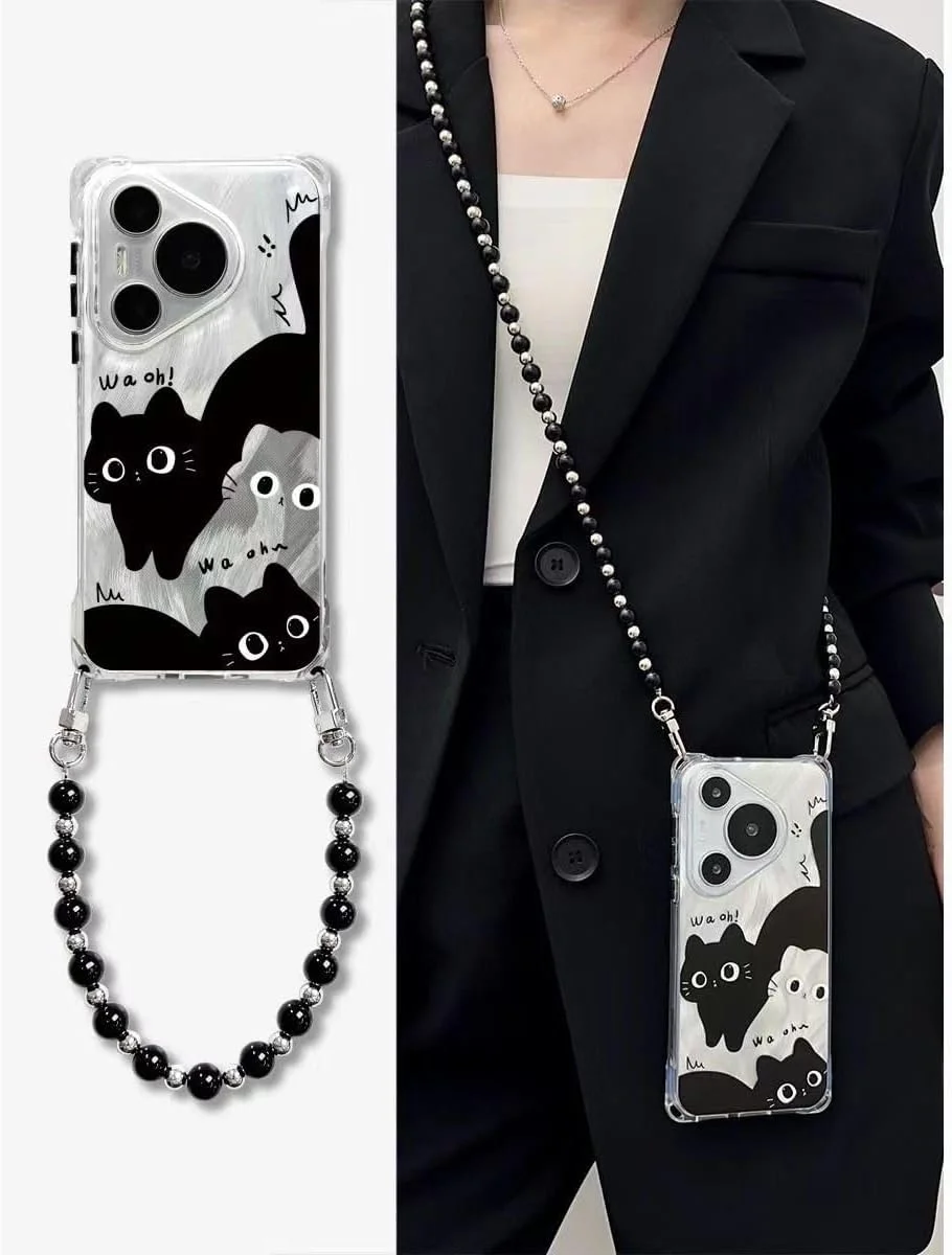 قاب گوشی هواوی Pura 70 Ultra/P70/P70 Pro، با محافظت چهار گوشه، همراه با بند بلند/کوتاه، کاغذ کارتی پر، زیبا، کاور گوشی P70 Ultra (طرح طناب کوتاه 30 سانتی متری، Huawei Pura 70)