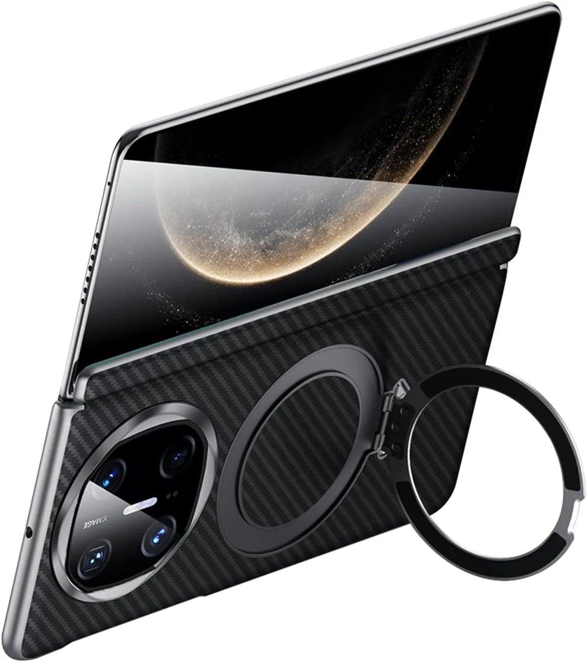 کاور بافت فیبر کربن برای هوآوی میت X6، کیف تاشو بافت فیبر کربن با حلقه مغناطیسی، کاور چرمی محافظ کامل لوکس، مشکی، میت X6