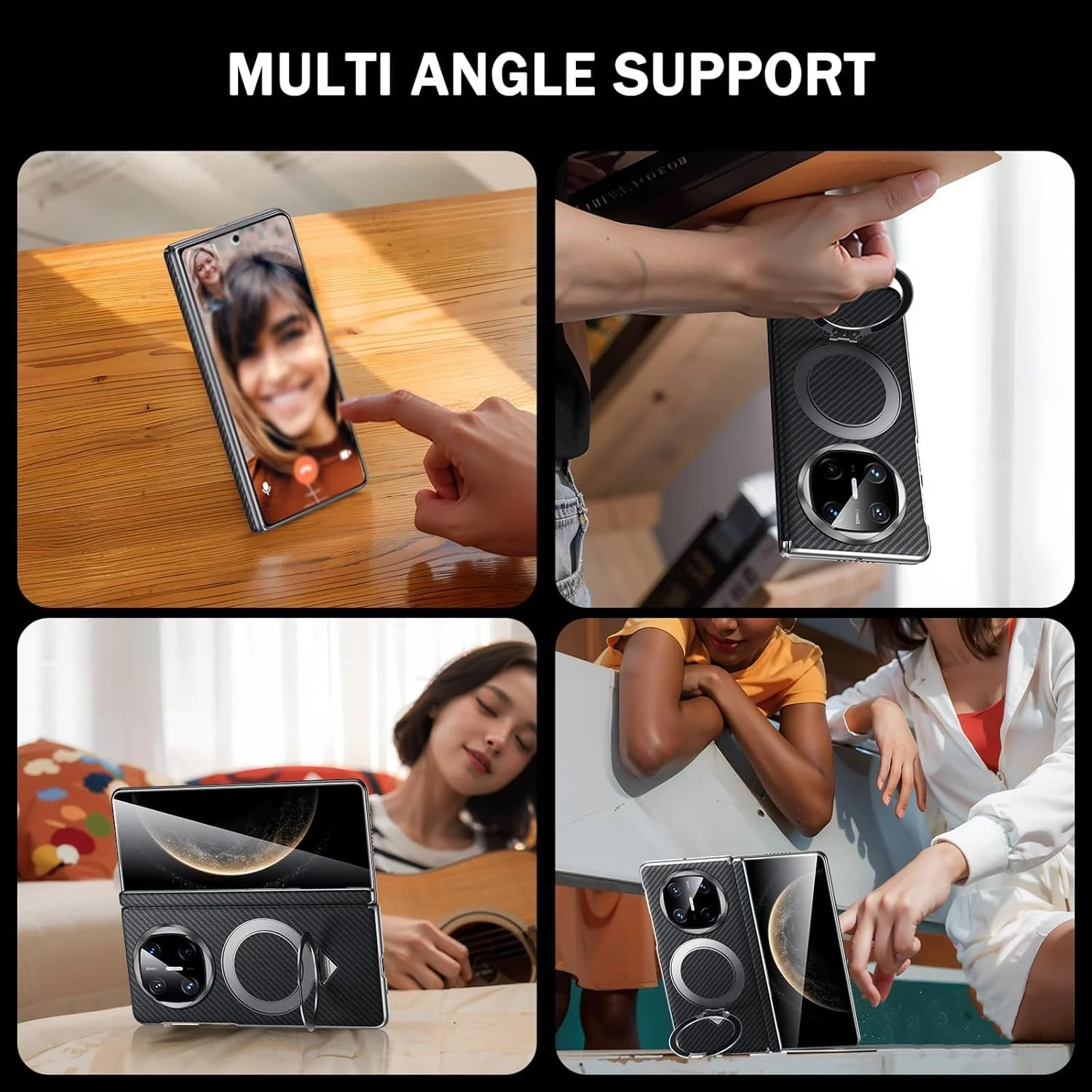 کاور بافت فیبر کربن برای هوآوی میت X6، کیف تاشو بافت فیبر کربن با حلقه مغناطیسی، کاور چرمی محافظ کامل لوکس، مشکی، میت X6