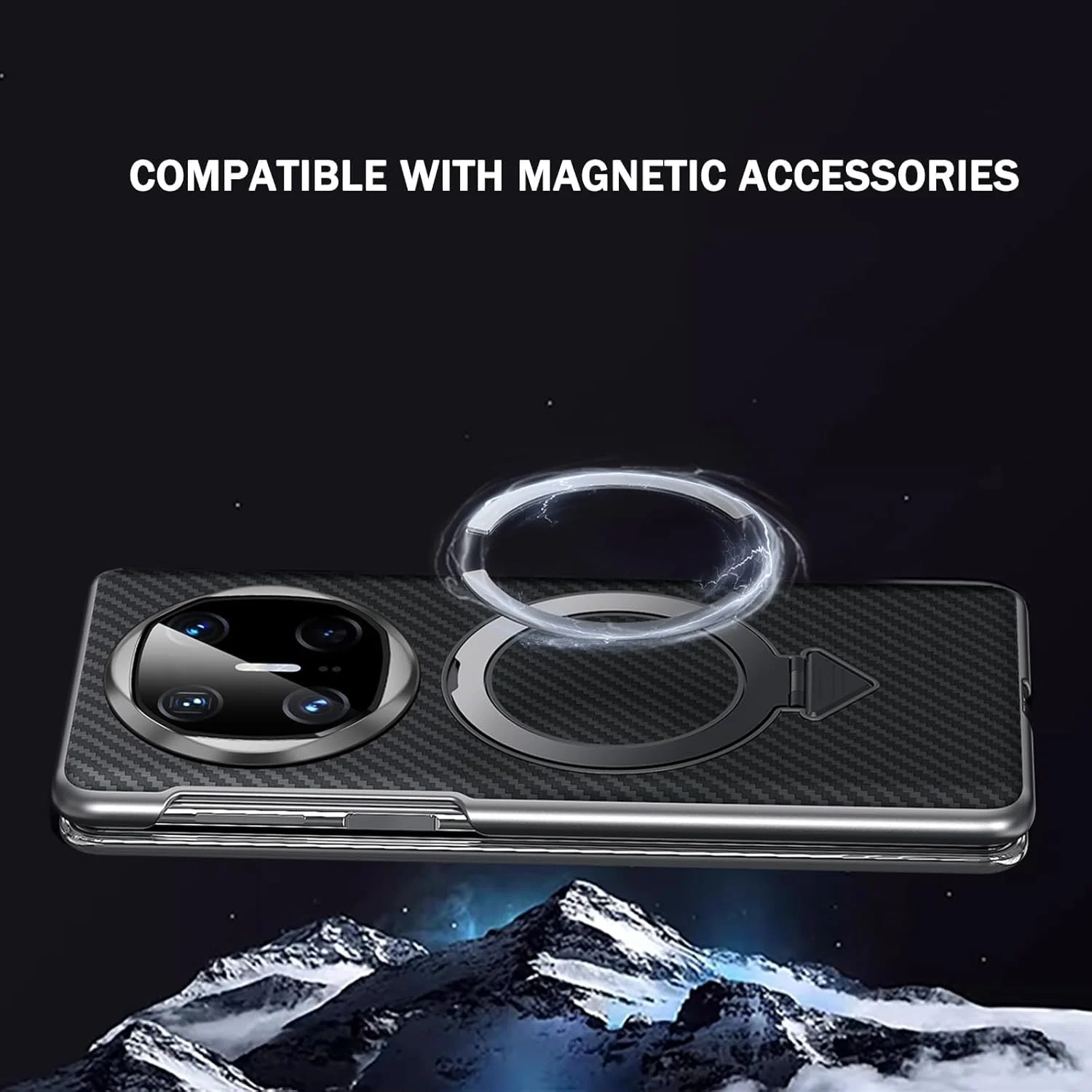 کاور بافت فیبر کربن برای هوآوی میت X6، کیف تاشو بافت فیبر کربن با حلقه مغناطیسی، کاور چرمی محافظ کامل لوکس، مشکی، میت X6