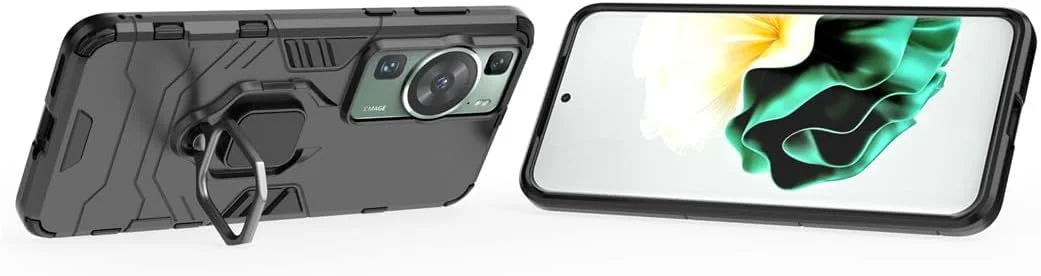 کاور محافظ گوشی هواوی P60 و هواوی P60 پرو، با حلقه فلزی و استند، دولایه و مقاوم (مشکی)