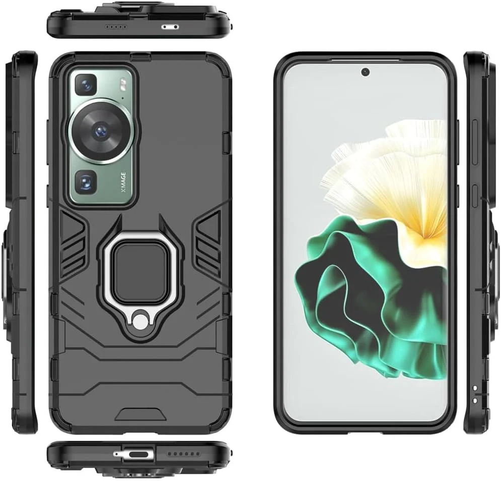 کاور محافظ گوشی هواوی P60 و هواوی P60 پرو، با حلقه فلزی و استند، دولایه و مقاوم (مشکی)