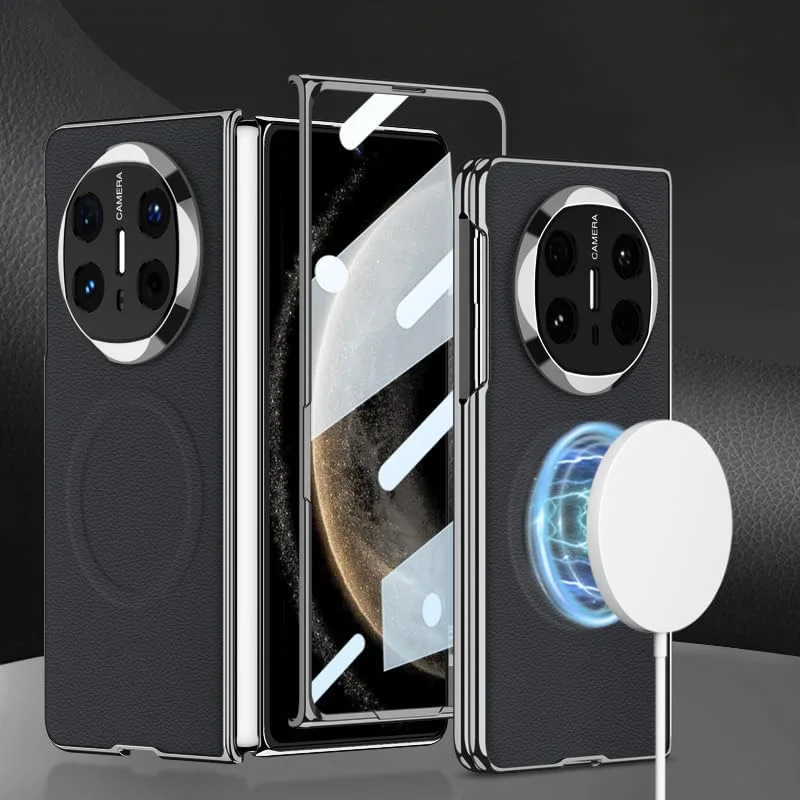 کاور مغناطیسی سازگار با گوشی هوآوی Mate X6، کاور چرمی ساده با محافظ لنز دوربین، ضد ضربه و پشتیبانی از شارژ بی‌سیم (مشکی)