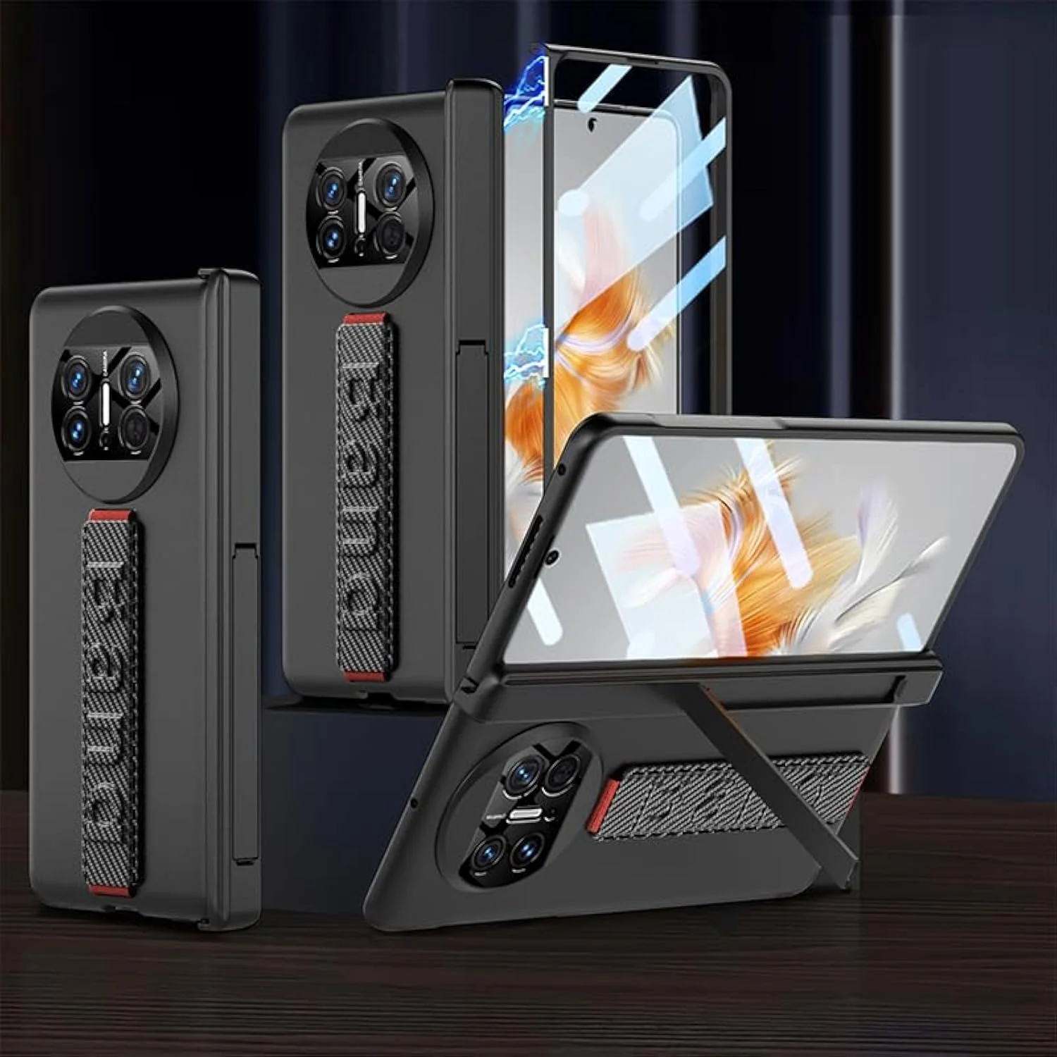 کاور گوشی هواوی میت ایکس 3 با لولای مغناطیسی، محافظ صفحه شیشه ای، بدنه سخت PC، دارای پایه و محافظت کامل در برابر ضربه (طرح فیبر کربن)