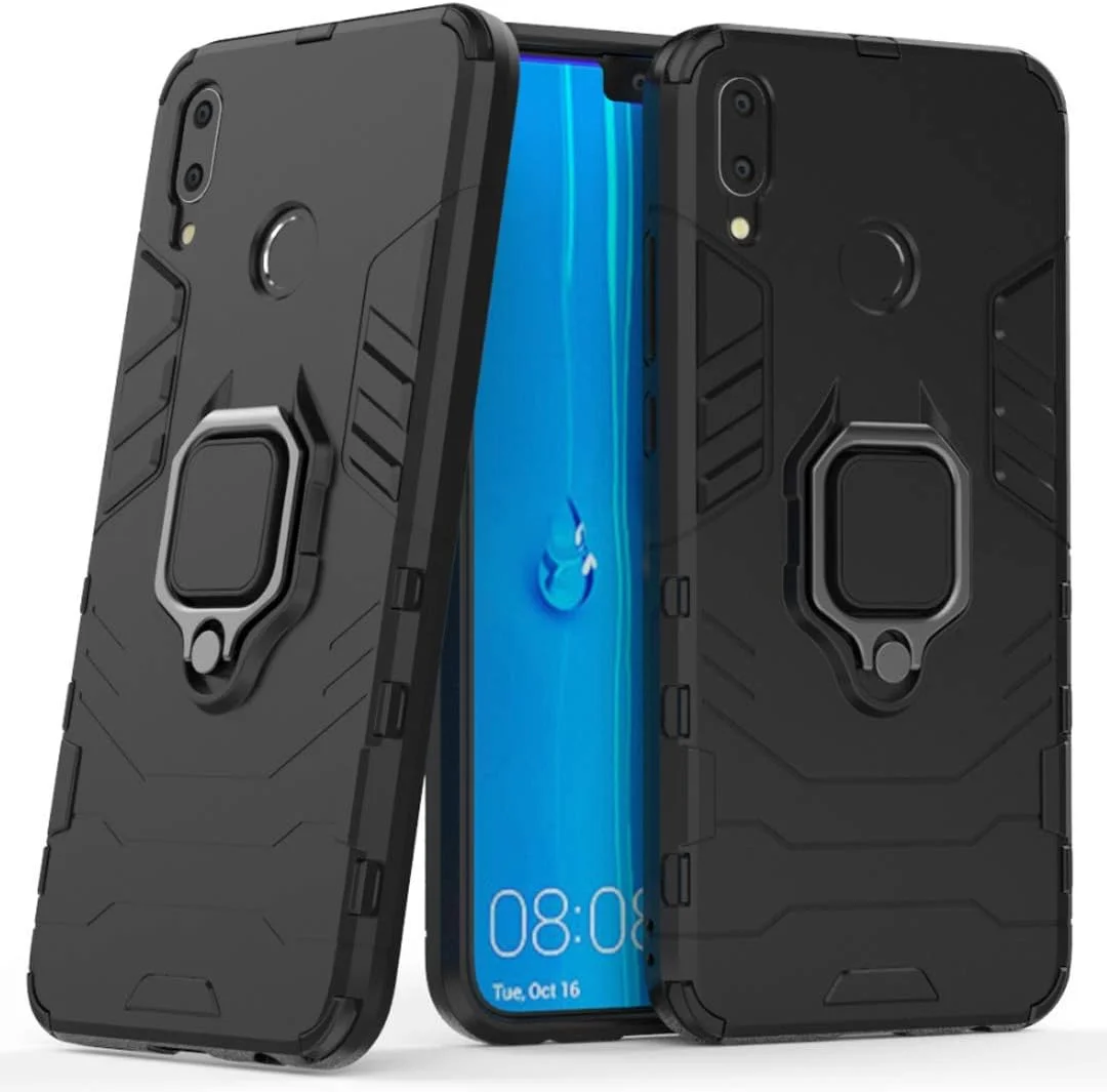 قاب محافظ سازگار با هوآوی Y9 (2019)، با حلقه فلزی، پایه استند، ضد ضربه، لایه سخت (سازگار با هولدر مغناطیسی خودرو)، پوشش مقاوم دو لایه برای هوآوی Y9 2019، هوآوی Enjoy 9 Plus (مشکی)