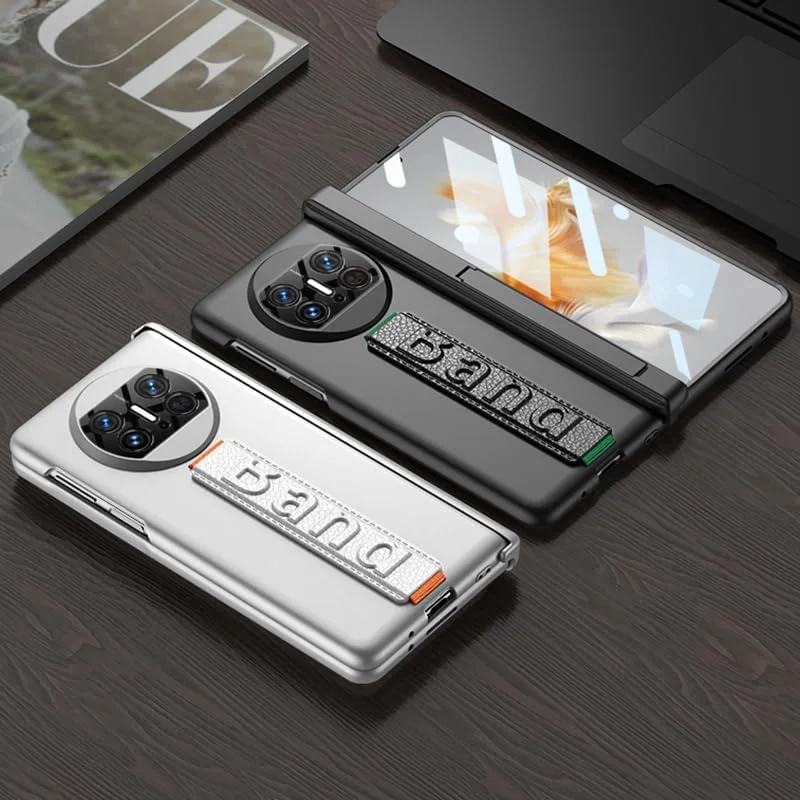 کاور گوشی هواوی میت ایکس 3 با لولای مغناطیسی، محافظ صفحه شیشه ای، بدنه سخت PC، دارای پایه و محافظت کامل در برابر ضربه (طرح فیبر کربن)