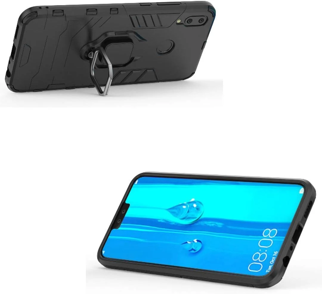 قاب محافظ سازگار با هوآوی Y9 (2019)، با حلقه فلزی، پایه استند، ضد ضربه، لایه سخت (سازگار با هولدر مغناطیسی خودرو)، پوشش مقاوم دو لایه برای هوآوی Y9 2019، هوآوی Enjoy 9 Plus (مشکی)