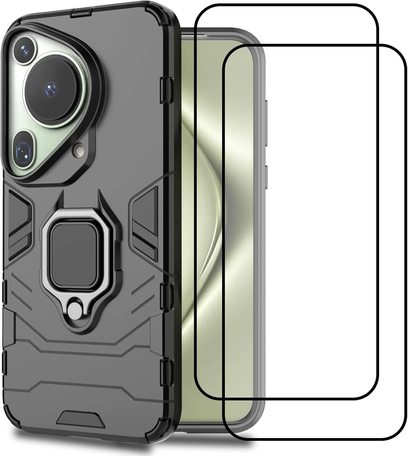 کاور گوشی لوکیون مدل [1+2 عددی] سازگار با هواوی Pura 70 Ultra به همراه محافظ صفحه نمایش شیشه ای حرارت دیده، کاور محافظتی دو لایه مقاوم در برابر ضربه با پایه انگشتی مغناطیسی تاشو (مشکی)