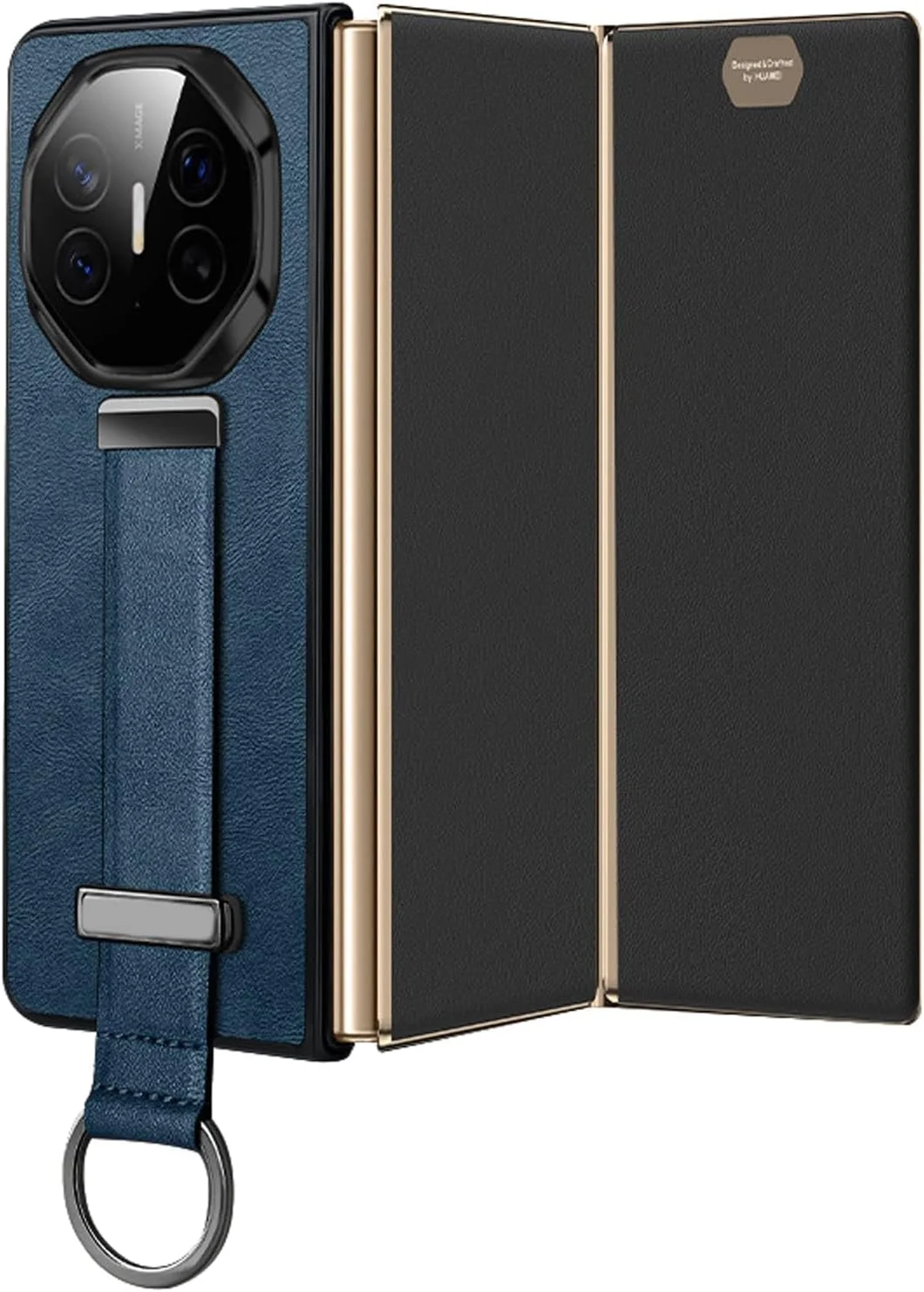 کیف محافظ چرمی باریک Azonee برای Huawei Mate XT با بند مچی و استند انگشتی، بند قابل تنظیم، محافظت ضد ضربه، سبک مینیمالیستی تجاری، آبی