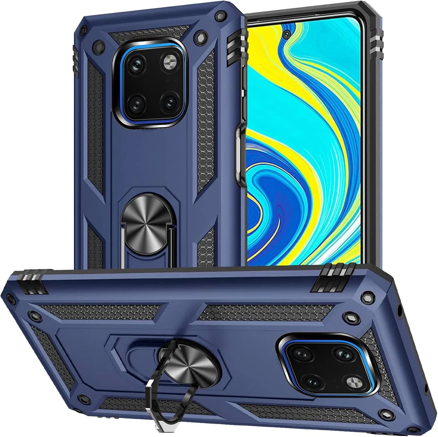 کاور مدل 2ndSpring برای هوآوی میت 20 پرو به همراه محافظ صفحه نمایش شیشه ای حرارت دیده، حلقه نگهدارنده، سیلیکونی محافظ ضد ضربه، کاور سخت و مقاوم، آبی