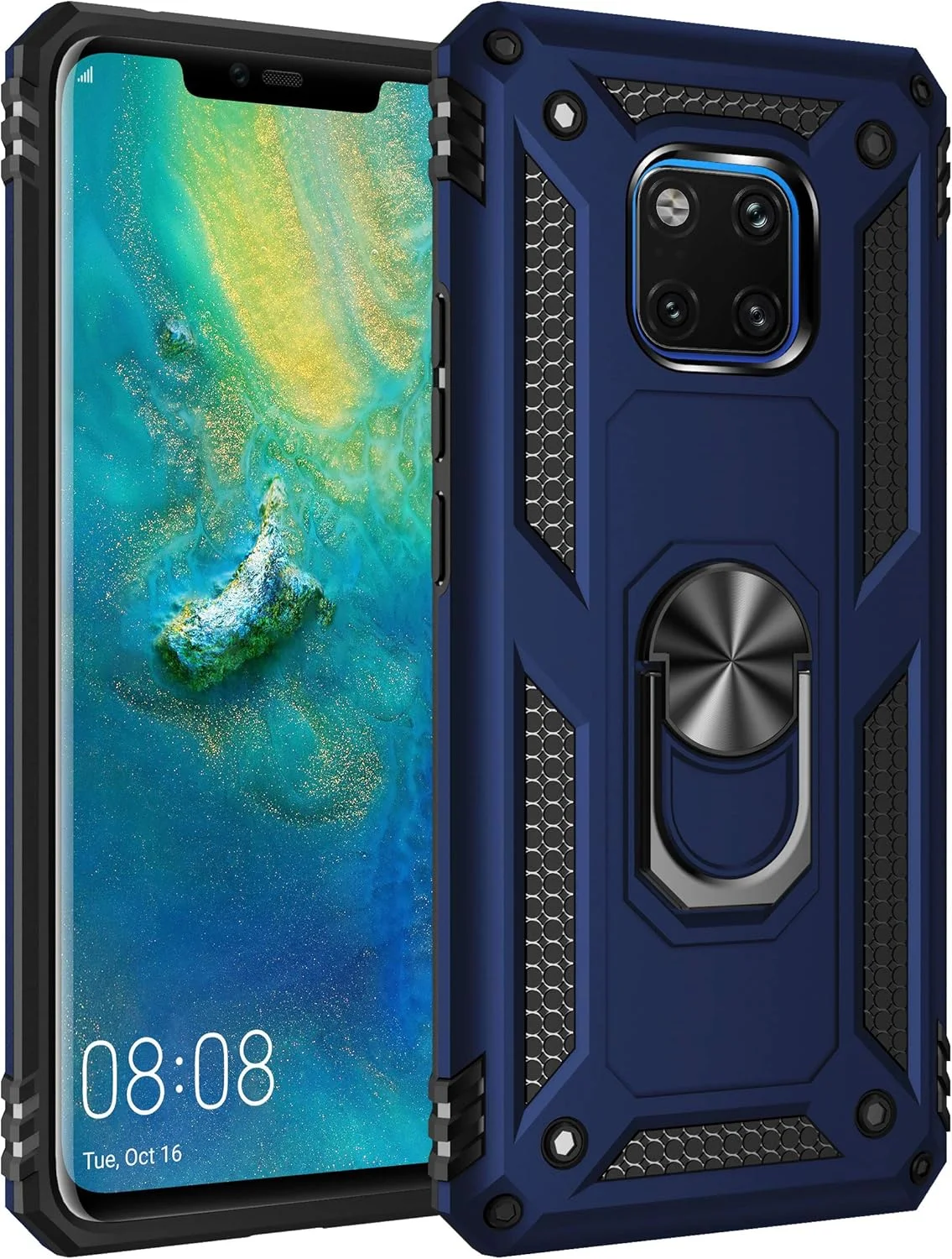 کاور مدل 2ndSpring برای هوآوی میت 20 پرو به همراه محافظ صفحه نمایش شیشه ای حرارت دیده، حلقه نگهدارنده، سیلیکونی محافظ ضد ضربه، کاور سخت و مقاوم، آبی