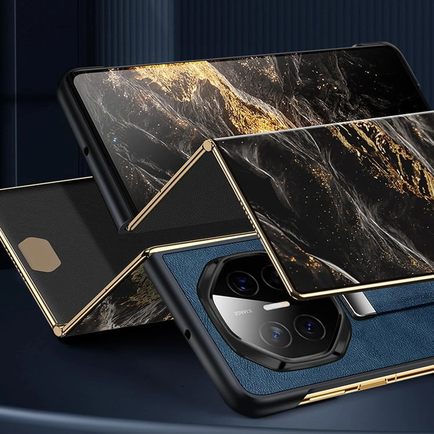 کیف محافظ چرمی باریک Azonee برای Huawei Mate XT با بند مچی و استند انگشتی، بند قابل تنظیم، محافظت ضد ضربه، سبک مینیمالیستی تجاری، آبی