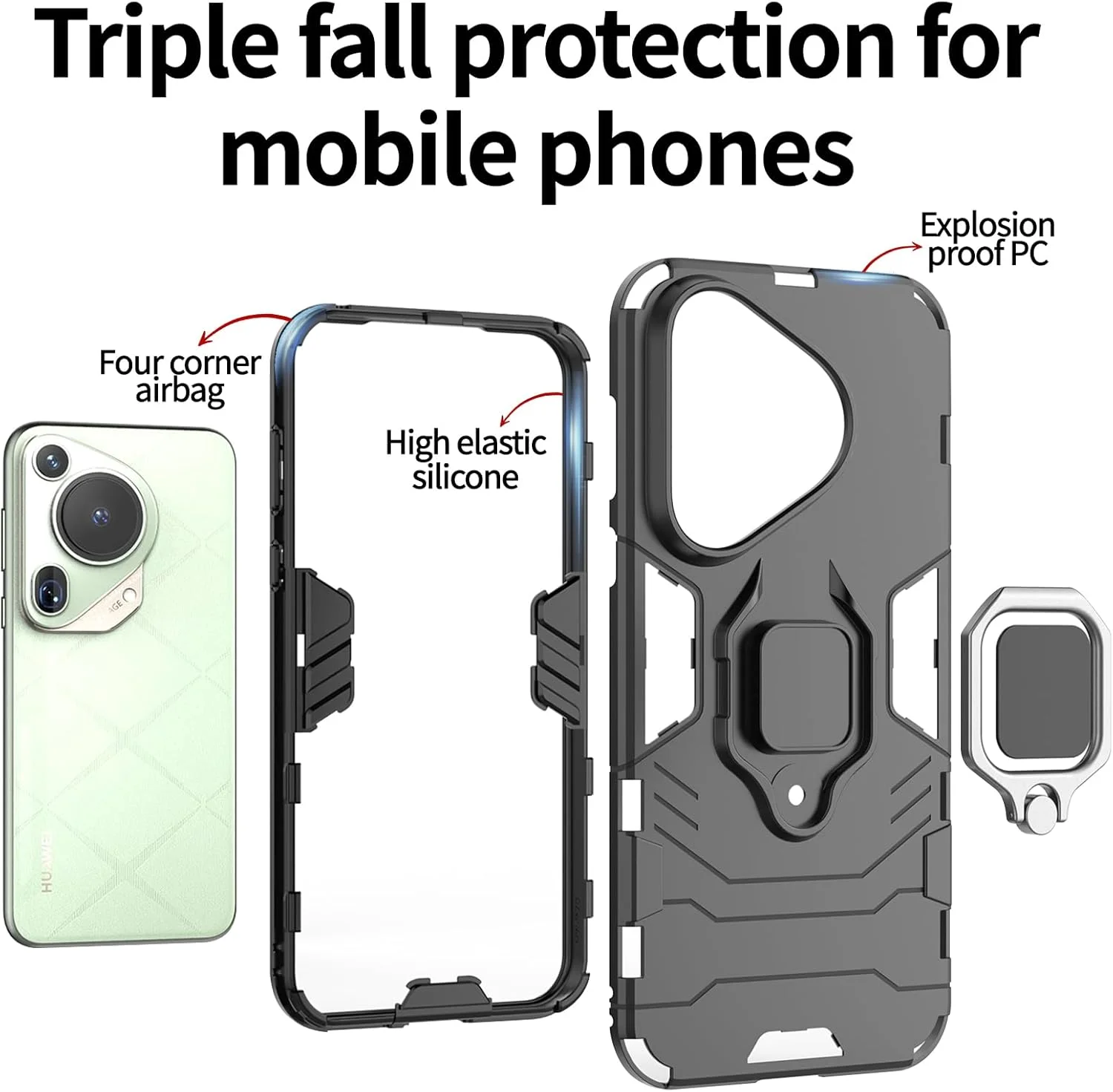 کاور گوشی لوکیون مدل [1+2 عددی] سازگار با هواوی Pura 70 Ultra به همراه محافظ صفحه نمایش شیشه ای حرارت دیده، کاور محافظتی دو لایه مقاوم در برابر ضربه با پایه انگشتی مغناطیسی تاشو (مشکی)