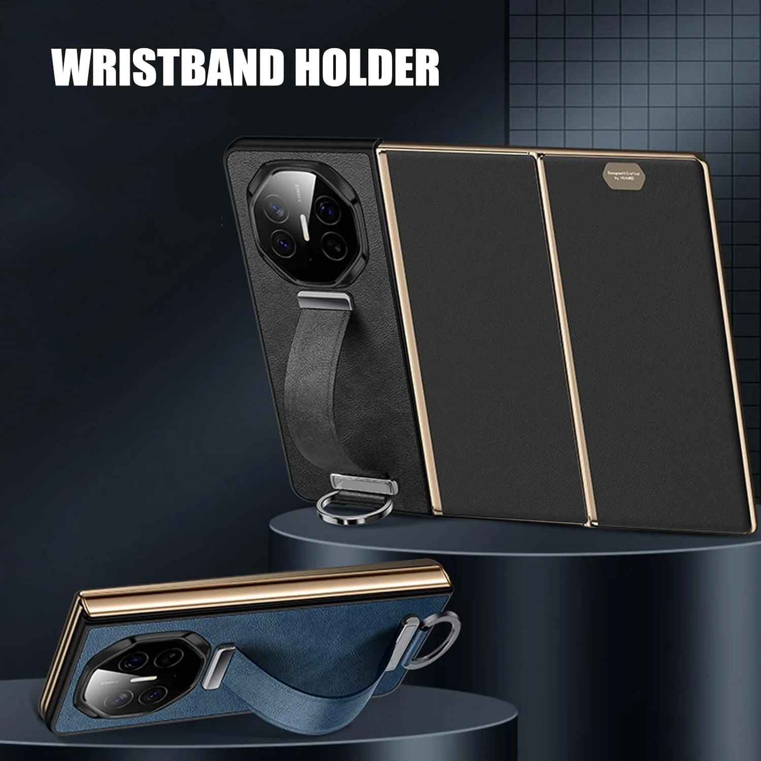 کیف محافظ چرمی باریک Azonee برای Huawei Mate XT با بند مچی و استند انگشتی، بند قابل تنظیم، محافظت ضد ضربه، سبک مینیمالیستی تجاری، آبی