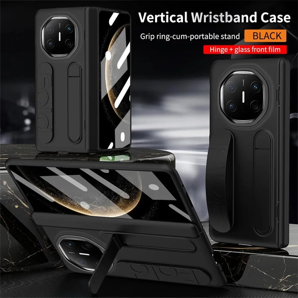 قاب محافظ گوشی هوآوی میت X6 مدل Gruattreay، [محافظ صفحه نمایش HD داخلی] بند مچی سیلیکونی الاستیک، پوشش محافظ لولای ضد ضربه با پایه (مشکی)