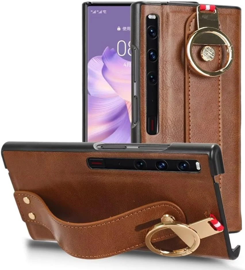 کاور چرمی سازگار با هوآوی میت ایکس اس 2، دارای حلقه نگهدارنده و بند مچی، محافظ بامپر برای هوآوی میت ایکس اس 2 (قهوه ای)