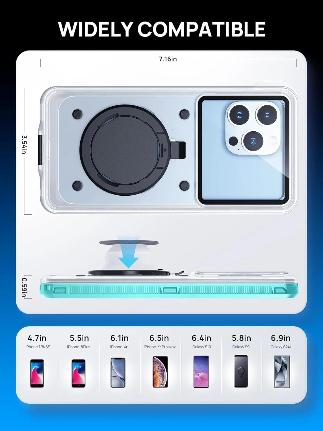 محافظ ضد آب گوشی IP68، محافظت جهانی زیر آب برای آیفون، گلکسی و هواوی، لوازم جانبی غواصی، شنا و اسنورکلینگ به همراه بند گردنی، آبی