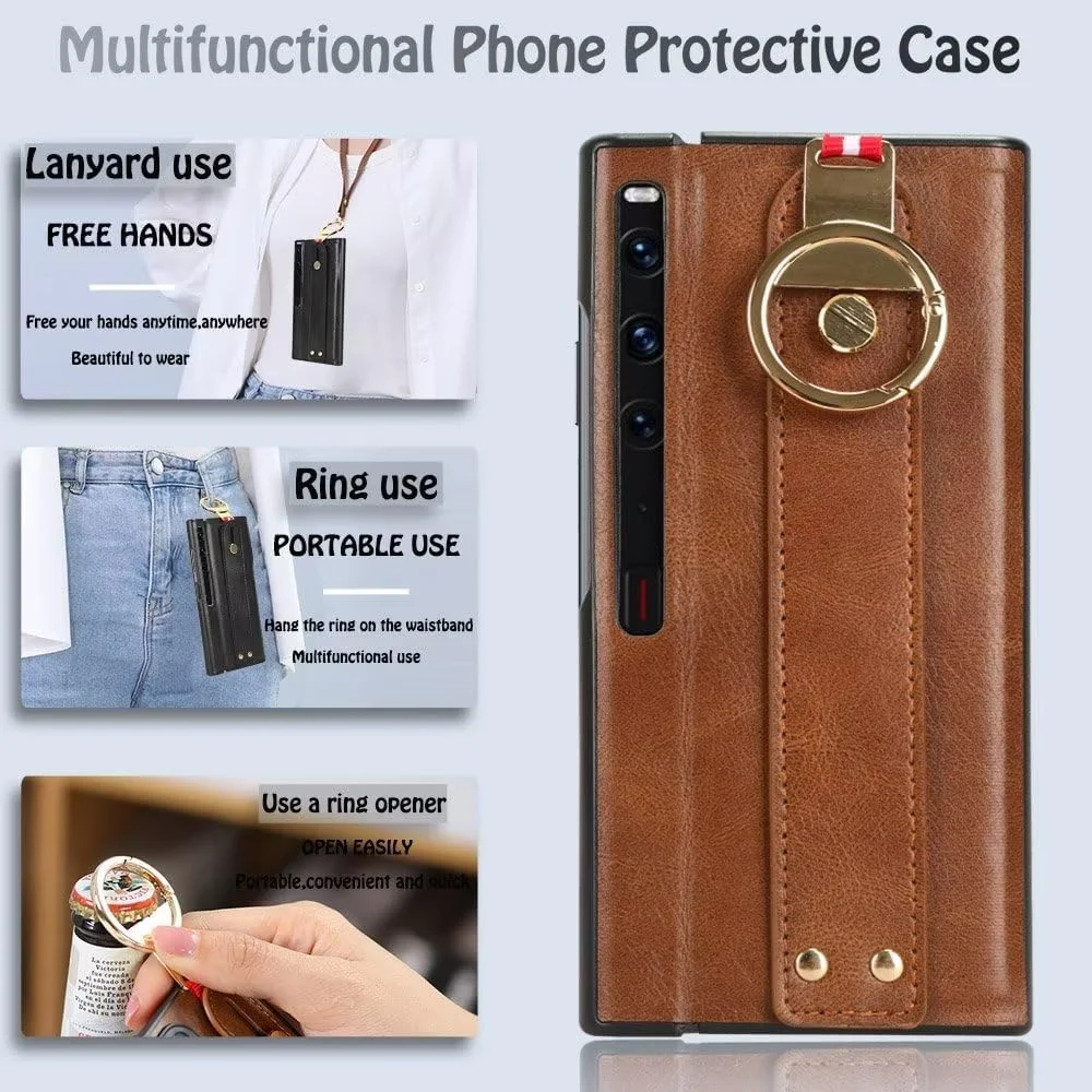 کاور چرمی سازگار با هوآوی میت ایکس اس 2، دارای حلقه نگهدارنده و بند مچی، محافظ بامپر برای هوآوی میت ایکس اس 2 (قهوه ای)