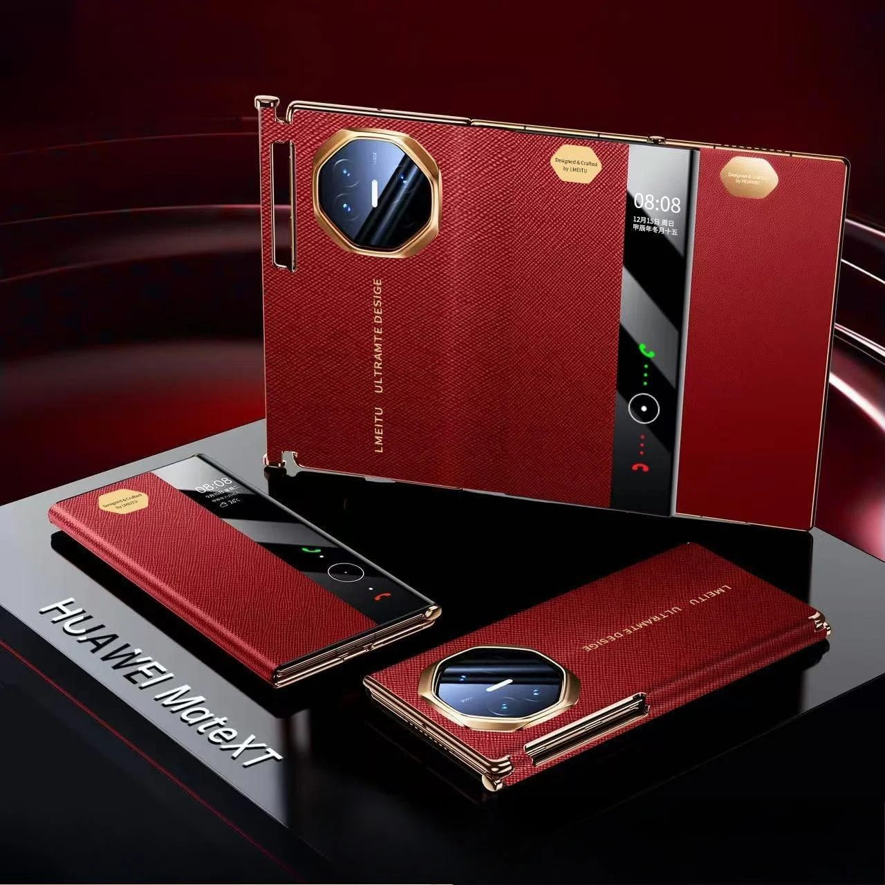 کاور چرمی Gruattreay سازگار با Huawei Mate XT، کاور محافظ تلفن با پوشش کامل، دارای پنجره هوشمند و محافظ لولا، پوشش محافظ ضد اثر انگشت برای Huawei Mate XT Ultimate (قرمز)