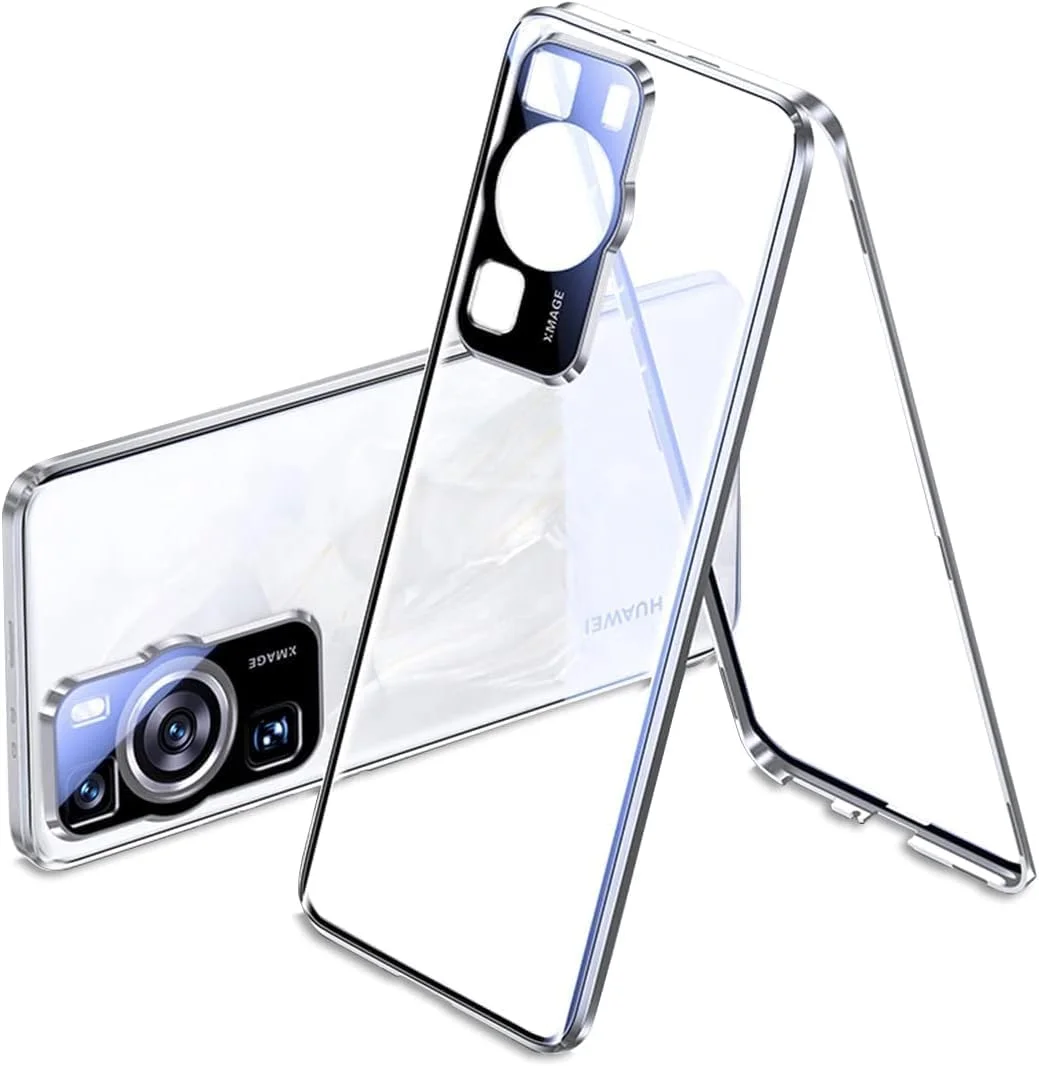 قاب گوشی هواوی P60 Pro، بدنه مغناطیسی فریم فلزی شیشه ای دو طرفه شفاف مقاوم در برابر ضربه با پوشش محافظ دوربین نازک، نقره ای، 1 عدد