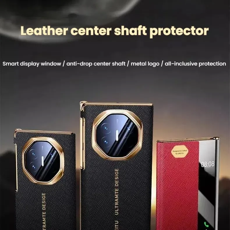 کاور چرمی Gruattreay سازگار با Huawei Mate XT، کاور محافظ تلفن با پوشش کامل، دارای پنجره هوشمند و محافظ لولا، پوشش محافظ ضد اثر انگشت برای Huawei Mate XT Ultimate (قرمز)