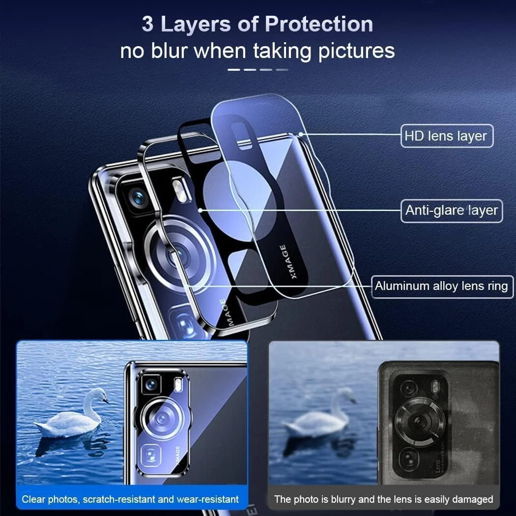 قاب گوشی هواوی P60 Pro، بدنه مغناطیسی فریم فلزی شیشه ای دو طرفه شفاف مقاوم در برابر ضربه با پوشش محافظ دوربین نازک، نقره ای، 1 عدد