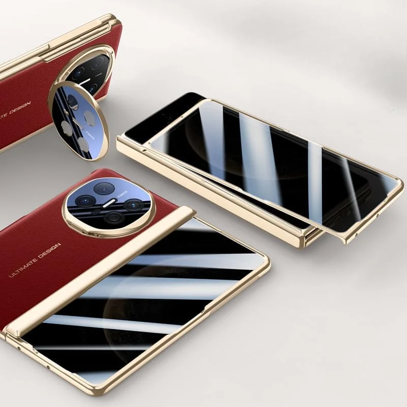 قاب محافظ چرمی با روکش الکتروپلیت شده و محافظ لولای مغناطیسی Gruattreay سازگار با Huawei Mate X6 به همراه هولدر لنز و محافظ صفحه نمایش حریم خصوصی برای Mate X6 (قرمز)