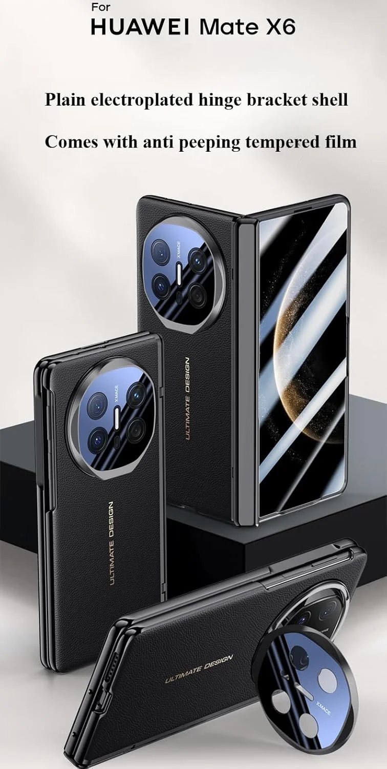 قاب محافظ چرمی با روکش الکتروپلیت شده و محافظ لولای مغناطیسی Gruattreay سازگار با Huawei Mate X6 به همراه هولدر لنز و محافظ صفحه نمایش حریم خصوصی برای Mate X6 (قرمز)