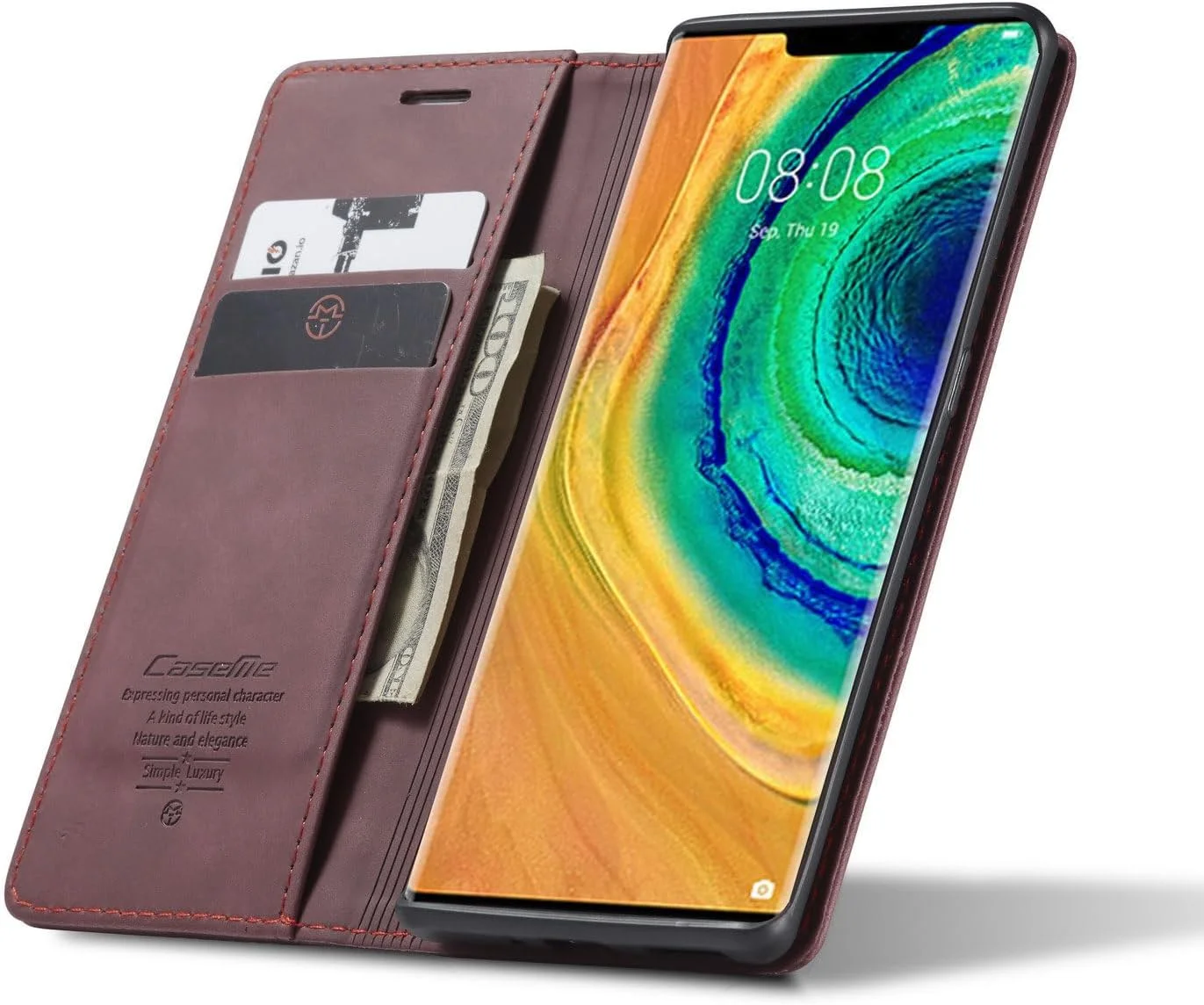 کاور چرمی گوشی هواوی میت 30 پرو 5G مدل UniqCase با جای کارت و استند - قرمز