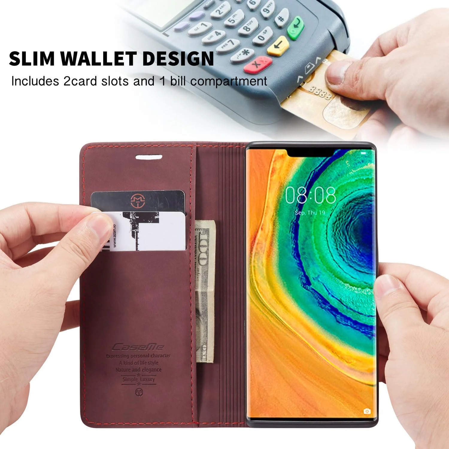 کاور چرمی گوشی هواوی میت 30 پرو 5G مدل UniqCase با جای کارت و استند - قرمز