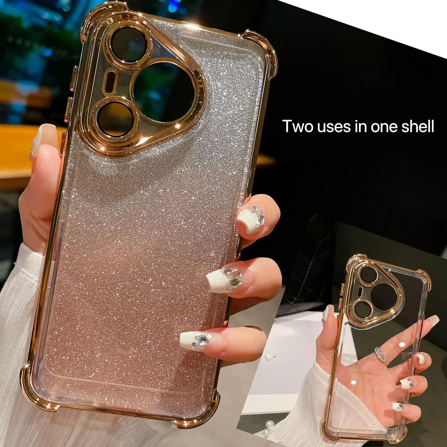 قاب گوشی هواوی Pura 70 Ultra، ایربگ های چهار گوشه براق گرادیانی برای ضد ضربه، محافظت کامل از لنز، آبکاری شده، کاور گوشی شفاف هواوی P70 Ultra/pro/70 (طلایی، Huawei Pura 70 Pro)