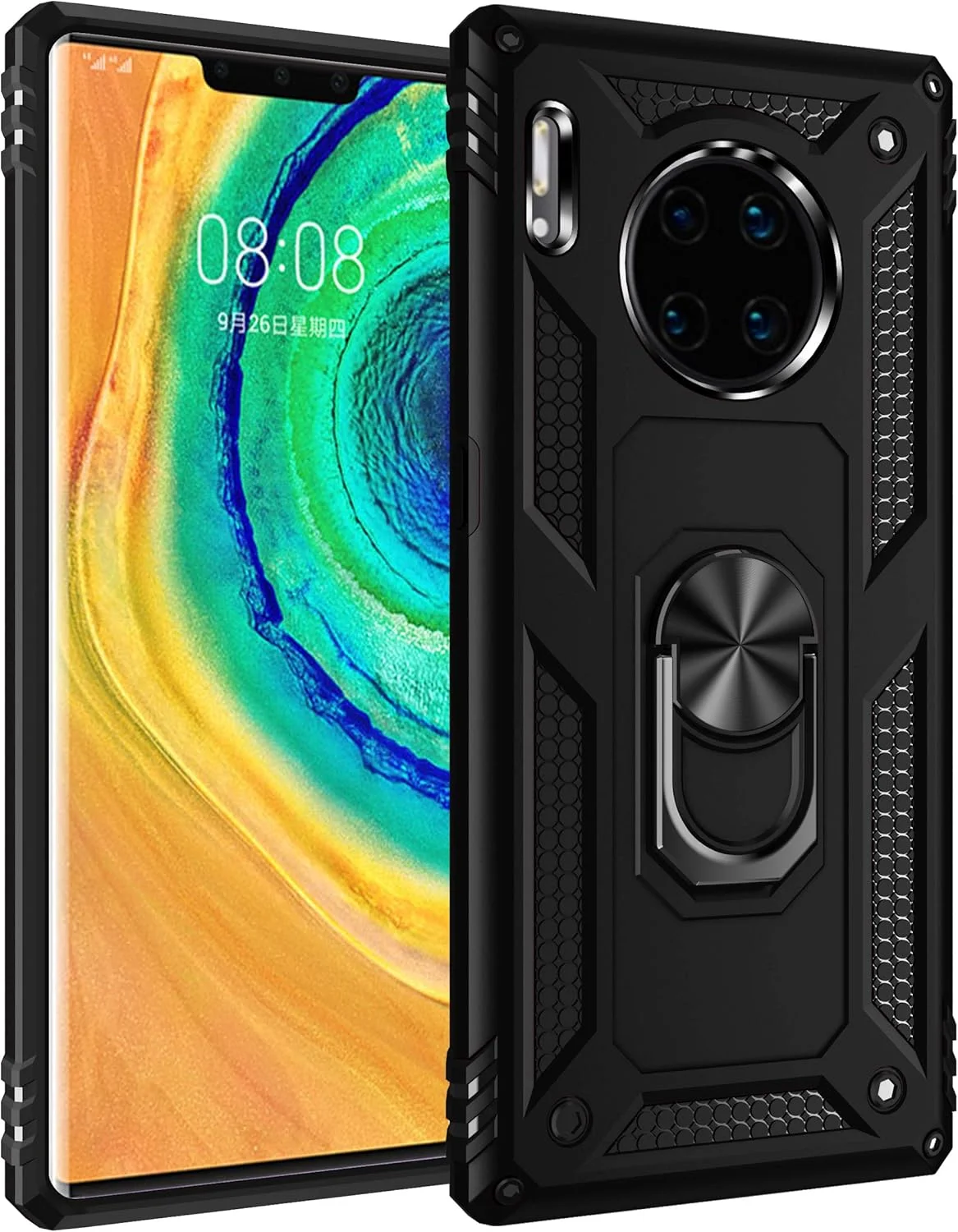 قاب محافظ گوشی هواوی میت 30 پرو به همراه محافظ صفحه نمایش شیشه ای حرارت دیده، دارای حلقه نگهدارنده، سیلیکونی محافظ ضد ضربه، پوشش سخت و مقاوم، مشکی