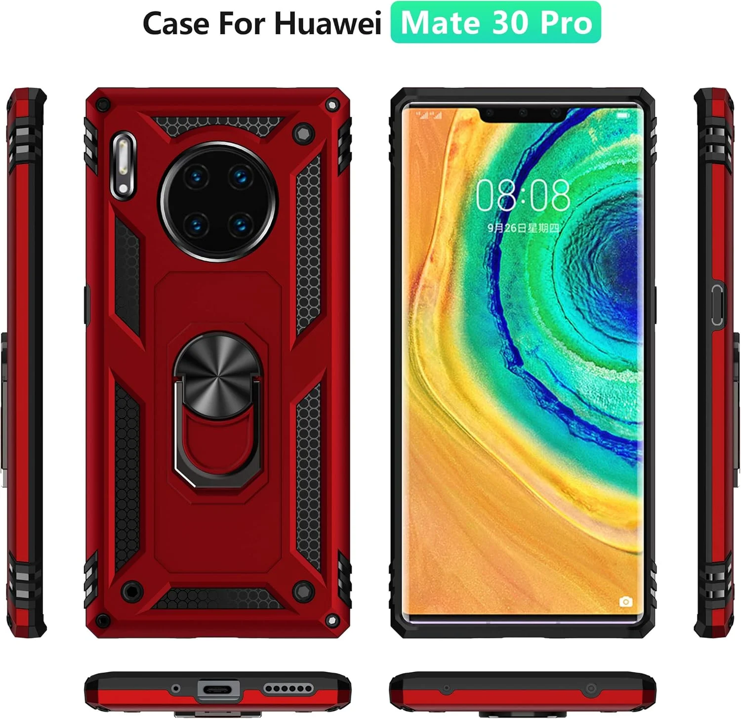 قاب محافظ گوشی هواوی میت 30 پرو به همراه محافظ صفحه نمایش شیشه ای حرارت دیده، دارای حلقه نگهدارنده، سیلیکونی محافظ ضد ضربه، پوشش سخت و مقاوم، مشکی