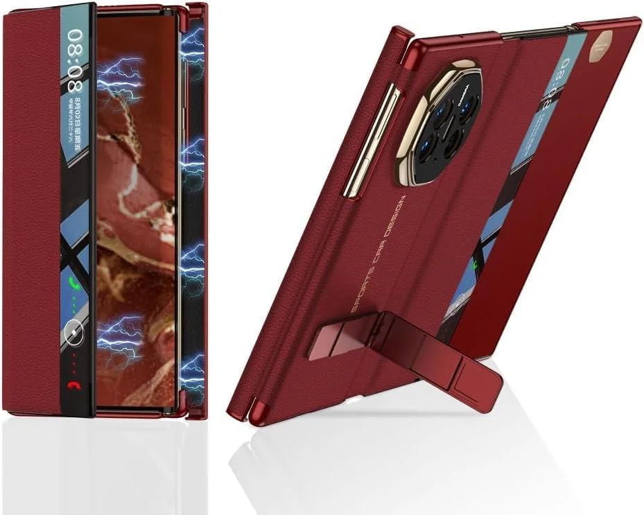 کاور محافظ قرمز رنگ KASTWAVE برای Huawei Mate XT – کاور چرمی آهنربایی هوشمند (دارای پایه قابل تنظیم، بسته شدن آهنربایی جانبی) کاور باریک و مقاوم با فریم PC (فوق العاده نازک، سبک و ضد ضربه)