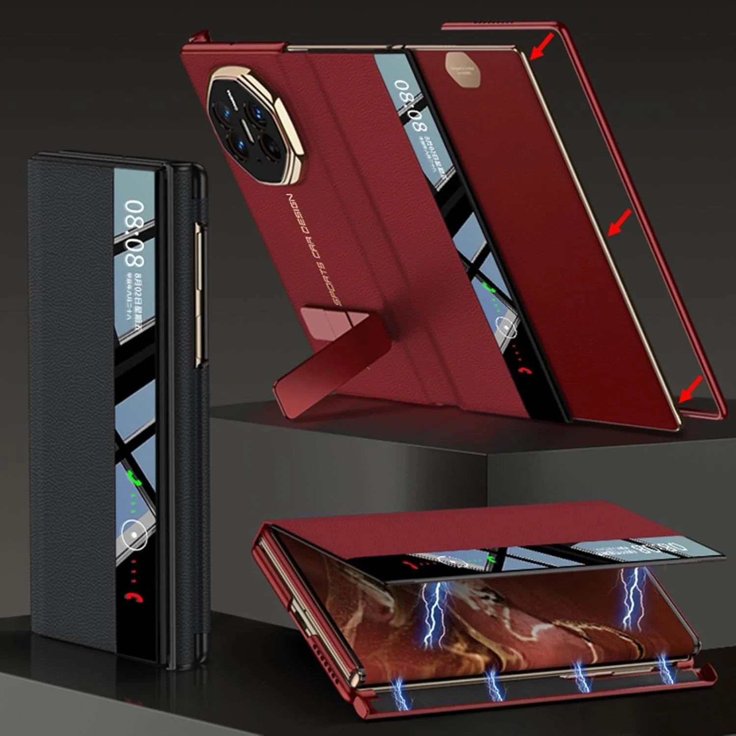 کاور محافظ قرمز رنگ KASTWAVE برای Huawei Mate XT – کاور چرمی آهنربایی هوشمند (دارای پایه قابل تنظیم، بسته شدن آهنربایی جانبی) کاور باریک و مقاوم با فریم PC (فوق العاده نازک، سبک و ضد ضربه)