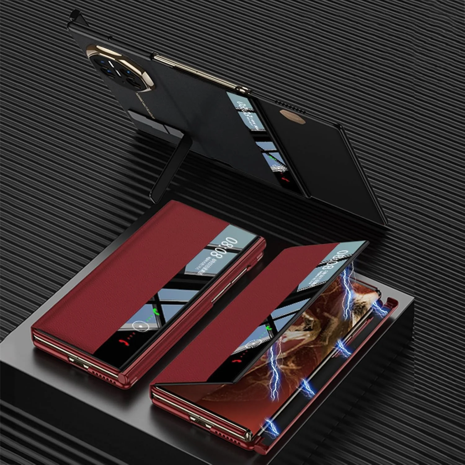 کاور محافظ قرمز رنگ KASTWAVE برای Huawei Mate XT – کاور چرمی آهنربایی هوشمند (دارای پایه قابل تنظیم، بسته شدن آهنربایی جانبی) کاور باریک و مقاوم با فریم PC (فوق العاده نازک، سبک و ضد ضربه)