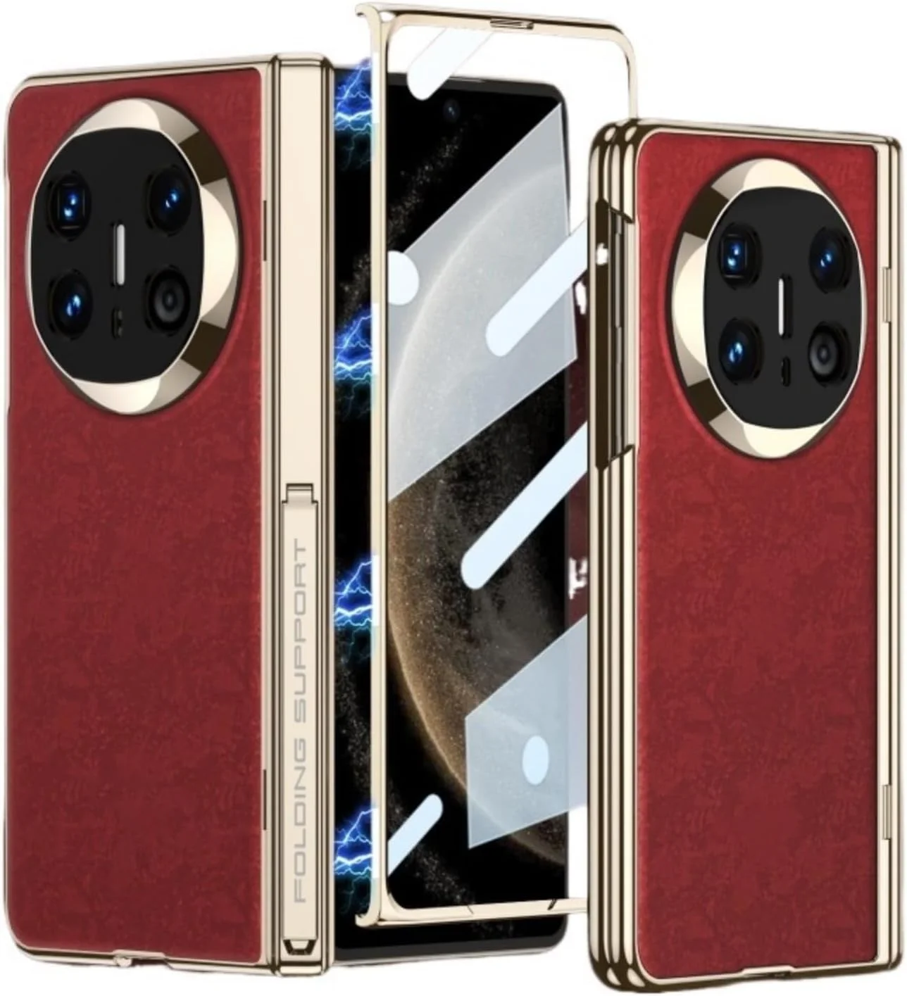 کیف محافظ چرمی ممتاز ضد ضربه آزونی برای هوآوی میت X6 | محافظ صفحه نمایش داخلی و محافظ لولا | محافظت کامل و بادوام با پایه | قرمز و طلایی