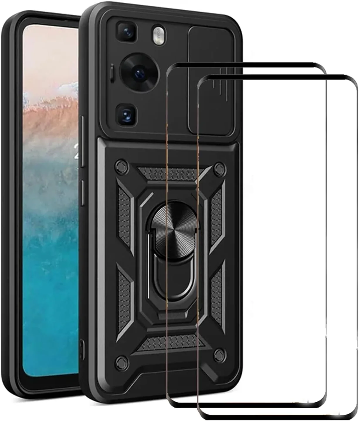 لوکیون [1+2 عدد] سازگار با قاب گوشی هوآوی P60 Pro و محافظ صفحه نمایش شیشه ای حرارت دیده، دارای پایه انگشتی حلقه ای و پوشش کشویی دوربین با پایه، ضد ضربه، محافظ سنگین (مشکی)