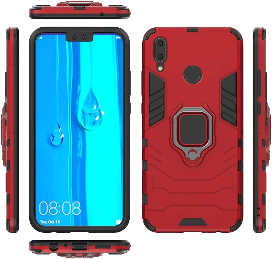 کاور 2ndSpring برای هوآوی Y9 2019 / Enjoy 9 Plus + محافظ صفحه نمایش شیشه ای حرارت دیده، محافظت سنگین و مقاوم در برابر ضربه، کاور محافظ استنددار، قرمز