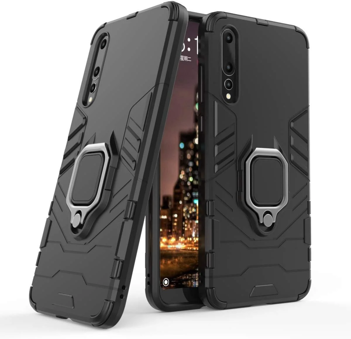قاب محافظ گوشی هواوی P20 Pro مدل MaiJin، با حلقه فلزی و پایه نگهدارنده، ضد ضربه، لایه بیرونی سخت (سازگار با هولدر مغناطیسی خودرو)، دو لایه، مقاوم - مشکی