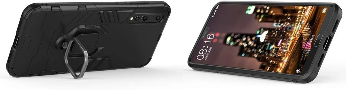 قاب محافظ گوشی هواوی P20 Pro مدل MaiJin، با حلقه فلزی و پایه نگهدارنده، ضد ضربه، لایه بیرونی سخت (سازگار با هولدر مغناطیسی خودرو)، دو لایه، مقاوم - مشکی