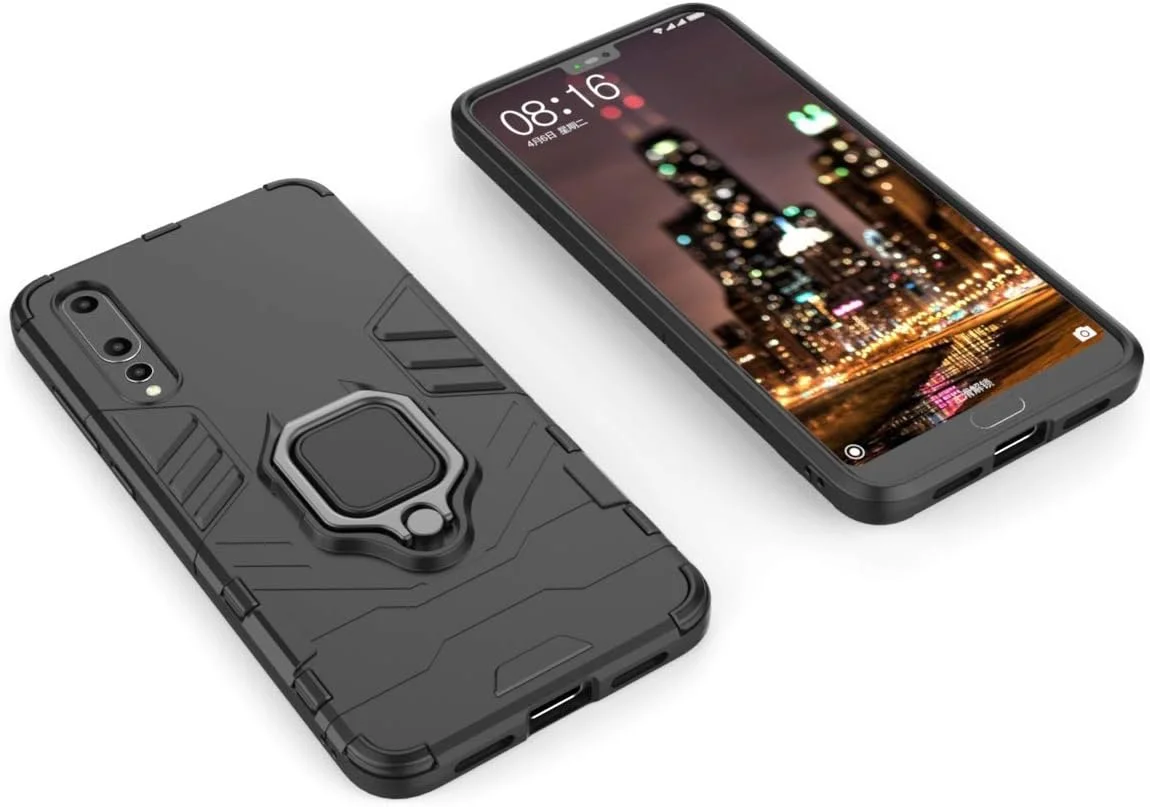 قاب محافظ گوشی هواوی P20 Pro مدل MaiJin، با حلقه فلزی و پایه نگهدارنده، ضد ضربه، لایه بیرونی سخت (سازگار با هولدر مغناطیسی خودرو)، دو لایه، مقاوم - مشکی
