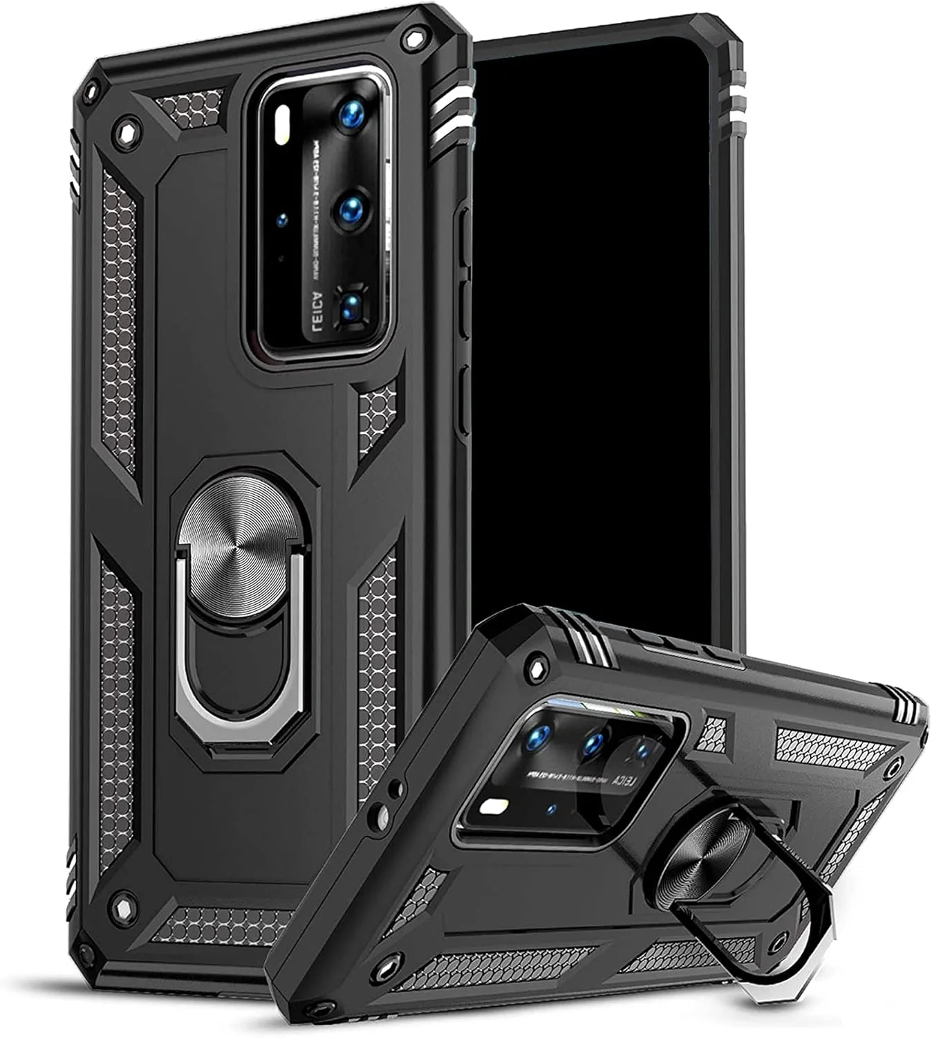 کاور 2ndSpring برای هوآوی P40 Pro/P40 Pro+ به همراه محافظ صفحه نمایش شیشه ای حرارت دیده، دارای حلقه نگهدارنده، کاور محافظ سیلیکونی ضد ضربه، زره سخت و مقاوم، مشکی