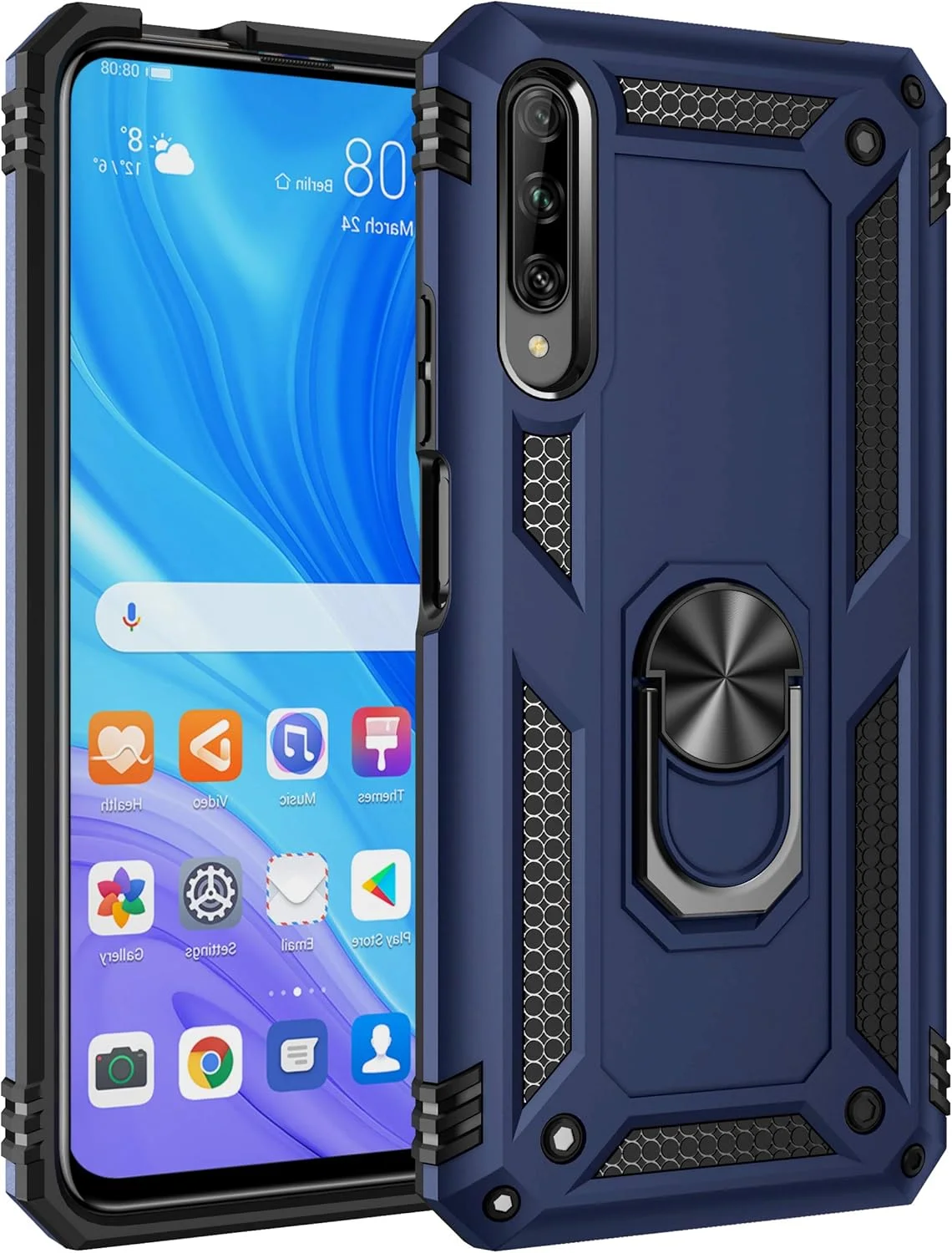 کاور محافظ گوشی هواوی وای 9 اس / پی اسمارت پرو 2019 / آنر 9 ایکس پرو به همراه محافظ صفحه نمایش شیشه ای، دارای حلقه نگهدارنده، سیلیکونی ضد ضربه، محافظ سخت، آبی
